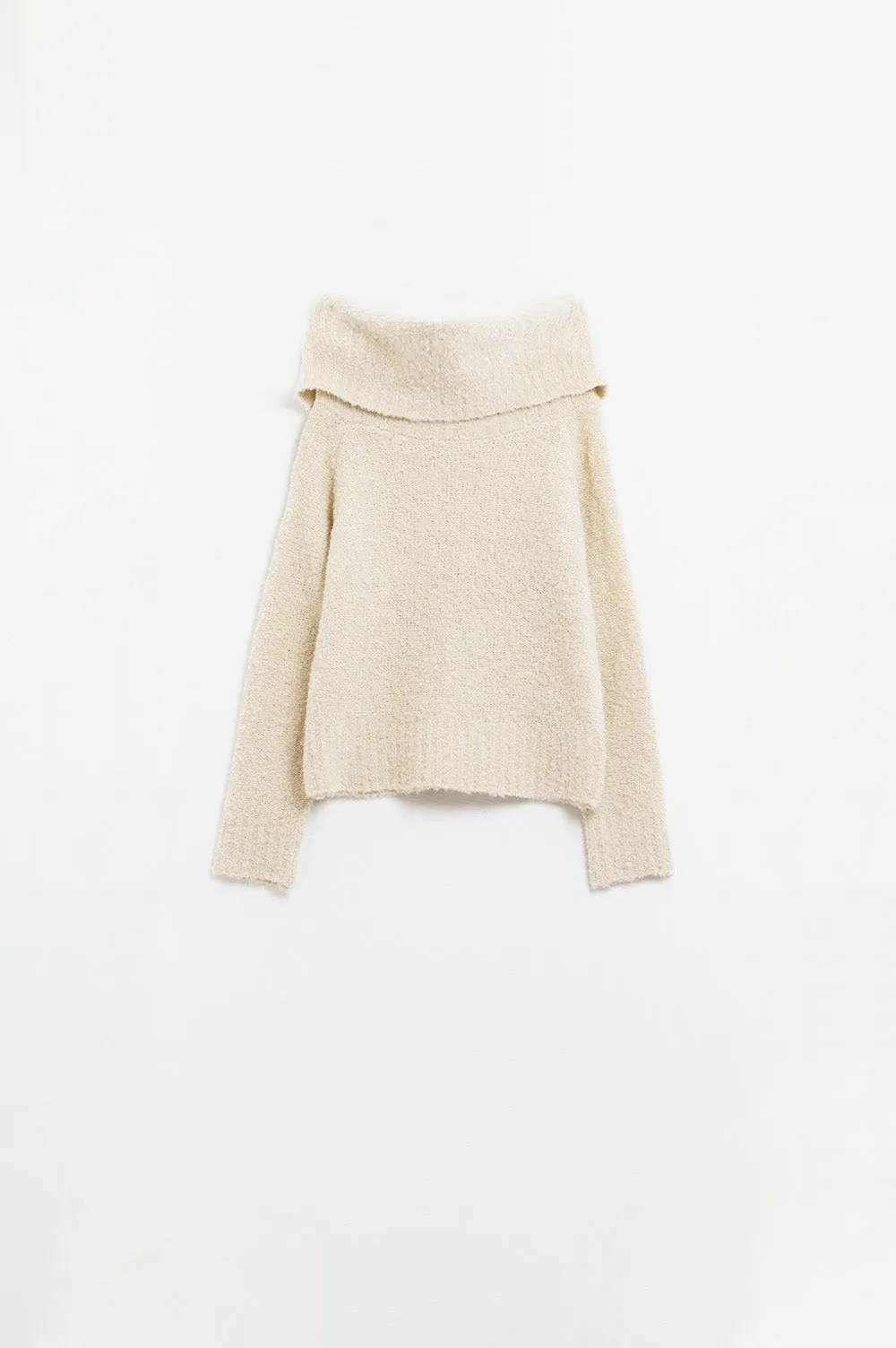 knitted fluffy boat neck sweater in cream