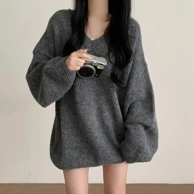 Korean V-Neck Long Sleeve Women’s Pullover Sweater – Vintage Streetwear Solid Basic Knit Sweater, Japanese Style Sueter Mujer