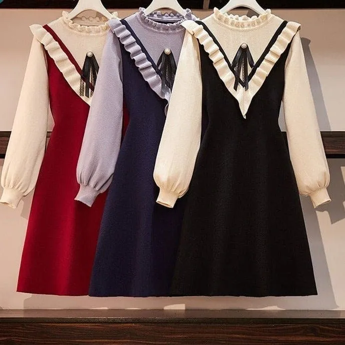 Korean Warm Plus Size Fake Two-piece Knitted Dress