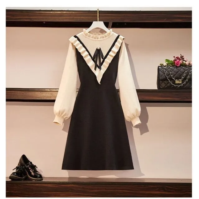Korean Warm Plus Size Fake Two-piece Knitted Dress
