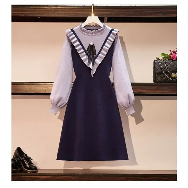 Korean Warm Plus Size Fake Two-piece Knitted Dress