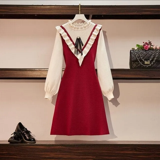Korean Warm Plus Size Fake Two-piece Knitted Dress