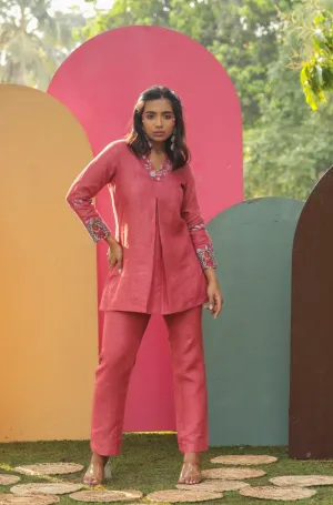 Kylie Print Detailed Pink Pure Linen Co-ord Set