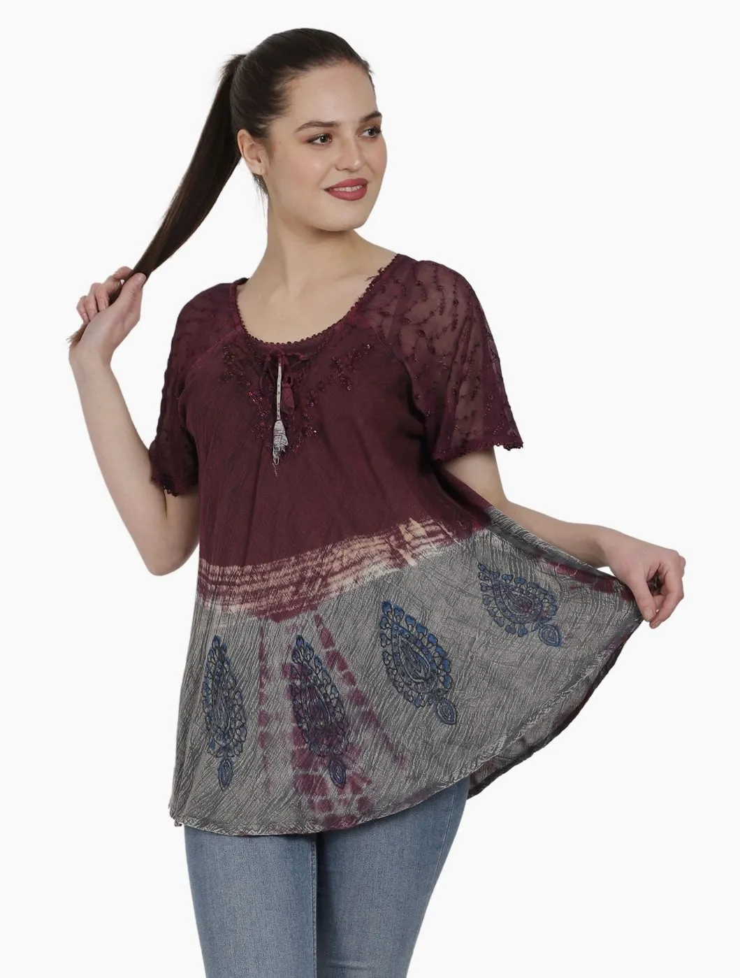 Leaf Stamped Cap Sleeve Tie Dye Top