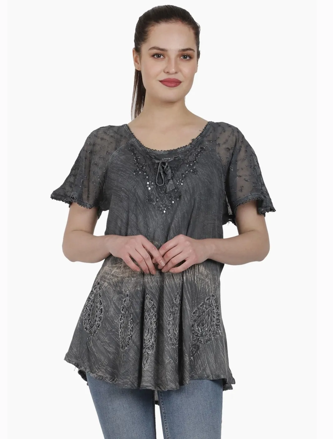 Leaf Stamped Cap Sleeve Tie Dye Top