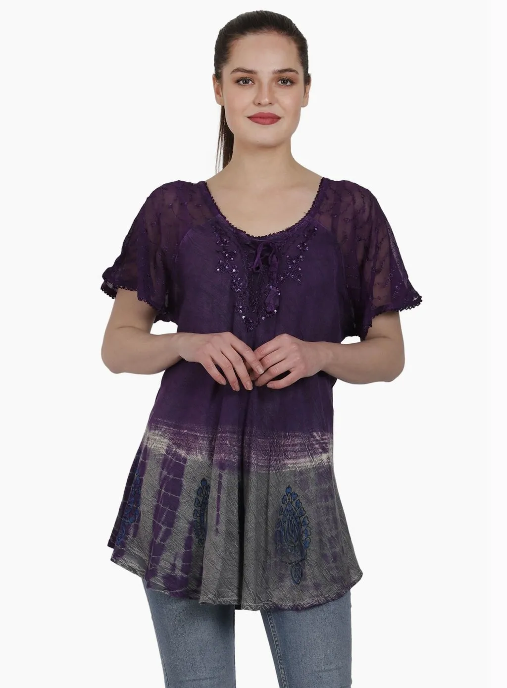 Leaf Stamped Cap Sleeve Tie Dye Top