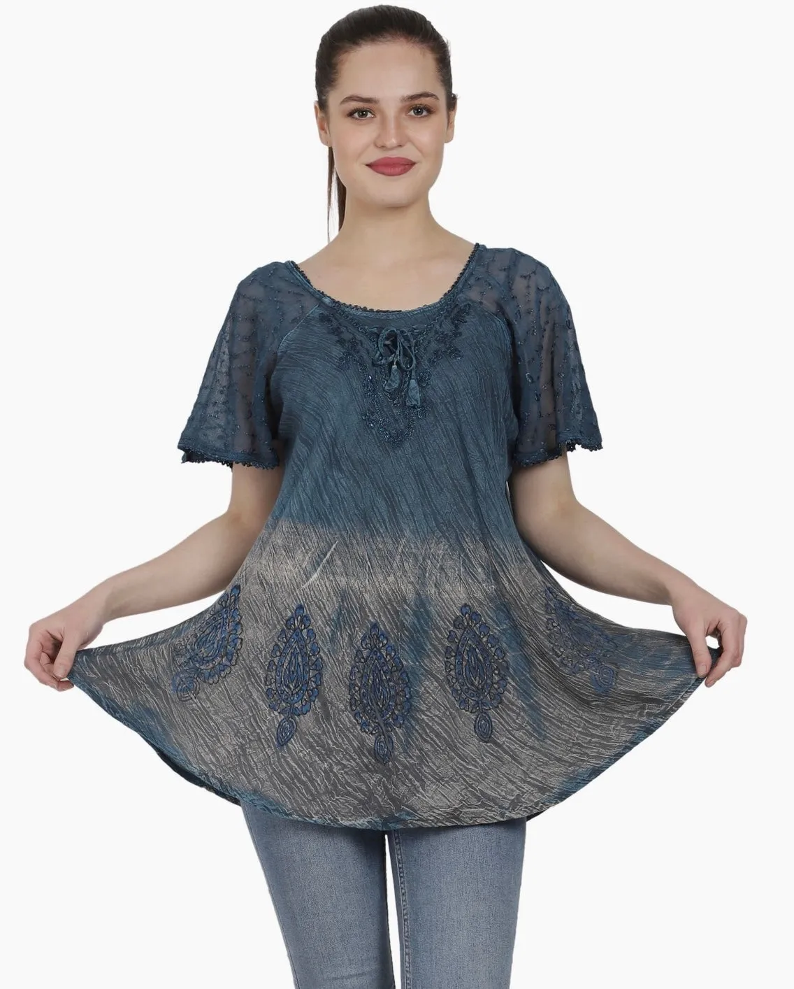 Leaf Stamped Cap Sleeve Tie Dye Top