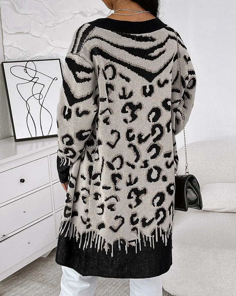 Leopard Pattern Open Front Longline Knit Cardigan