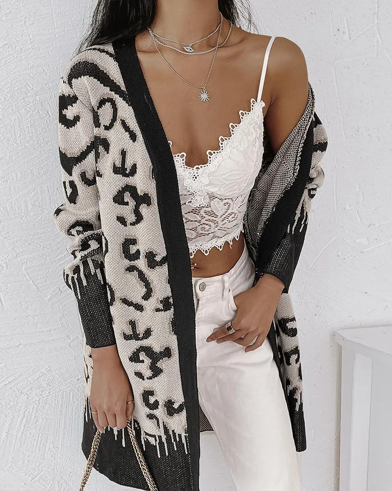 Leopard Pattern Open Front Longline Knit Cardigan