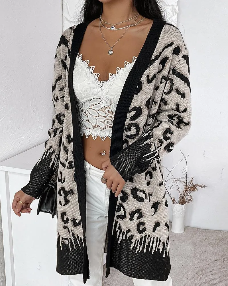 Leopard Pattern Open Front Longline Knit Cardigan