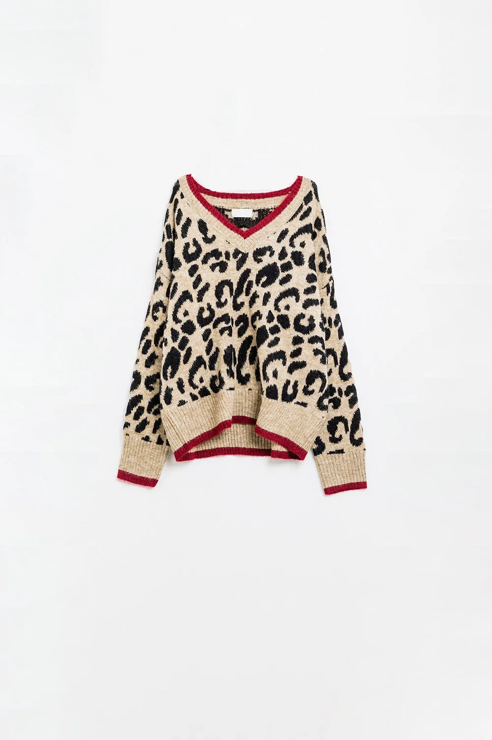 Leopard V-neck sweater with red line detail