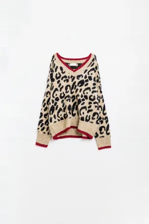 Leopard V-neck sweater with red line detail
