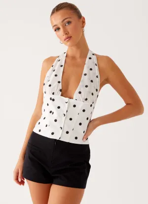 Let's Pretend Halterneck Top - White Polka Dot