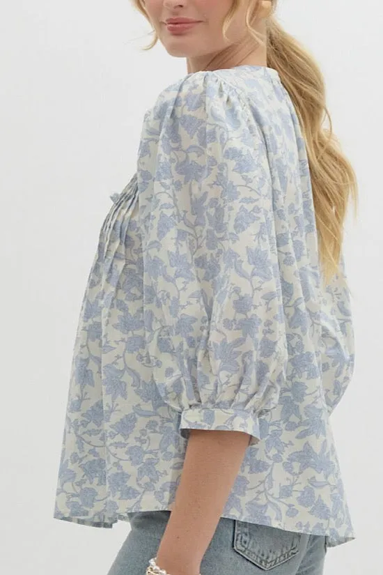 Light Blue Floral Pintuck Top (EO)