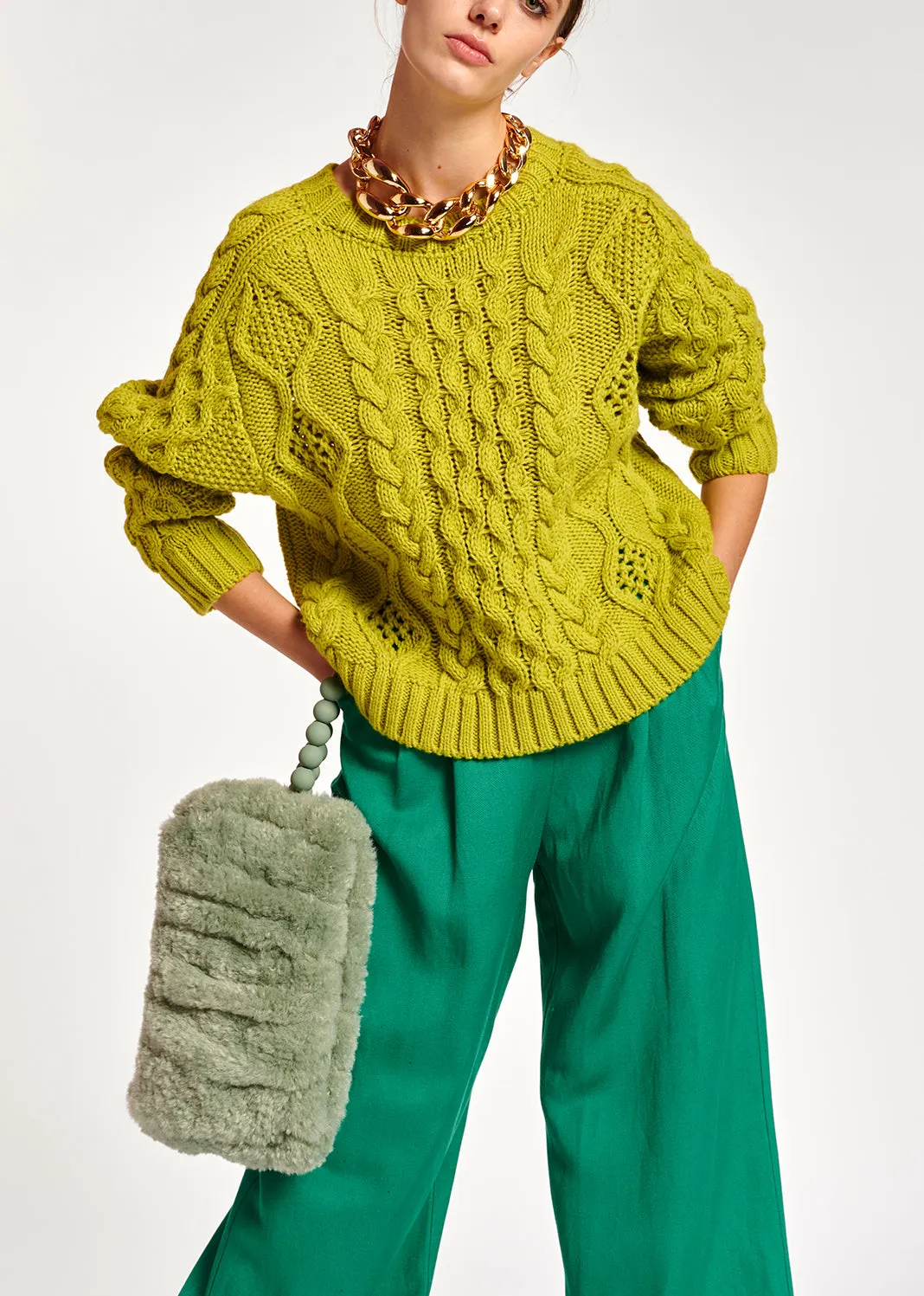 Lime green cable-knit wool-blend sweater