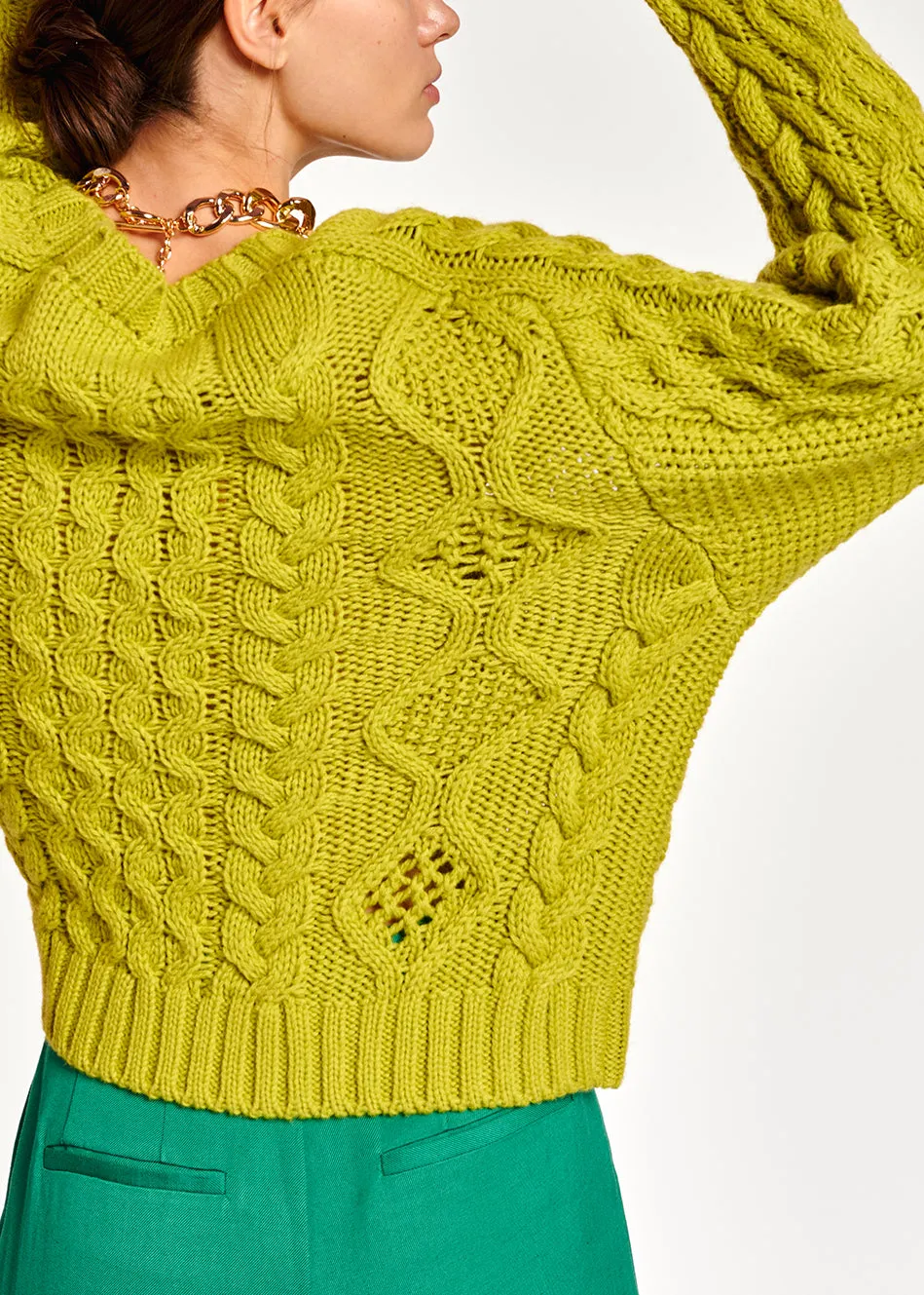 Lime green cable-knit wool-blend sweater