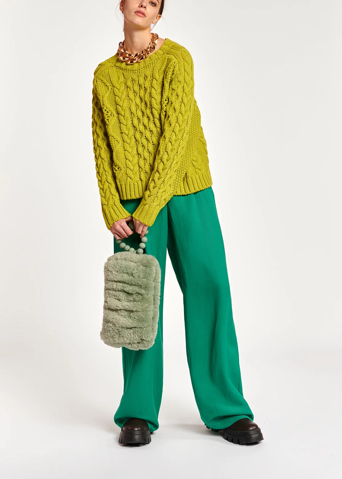 Lime green cable-knit wool-blend sweater