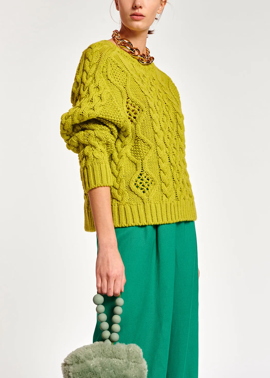 Lime green cable-knit wool-blend sweater