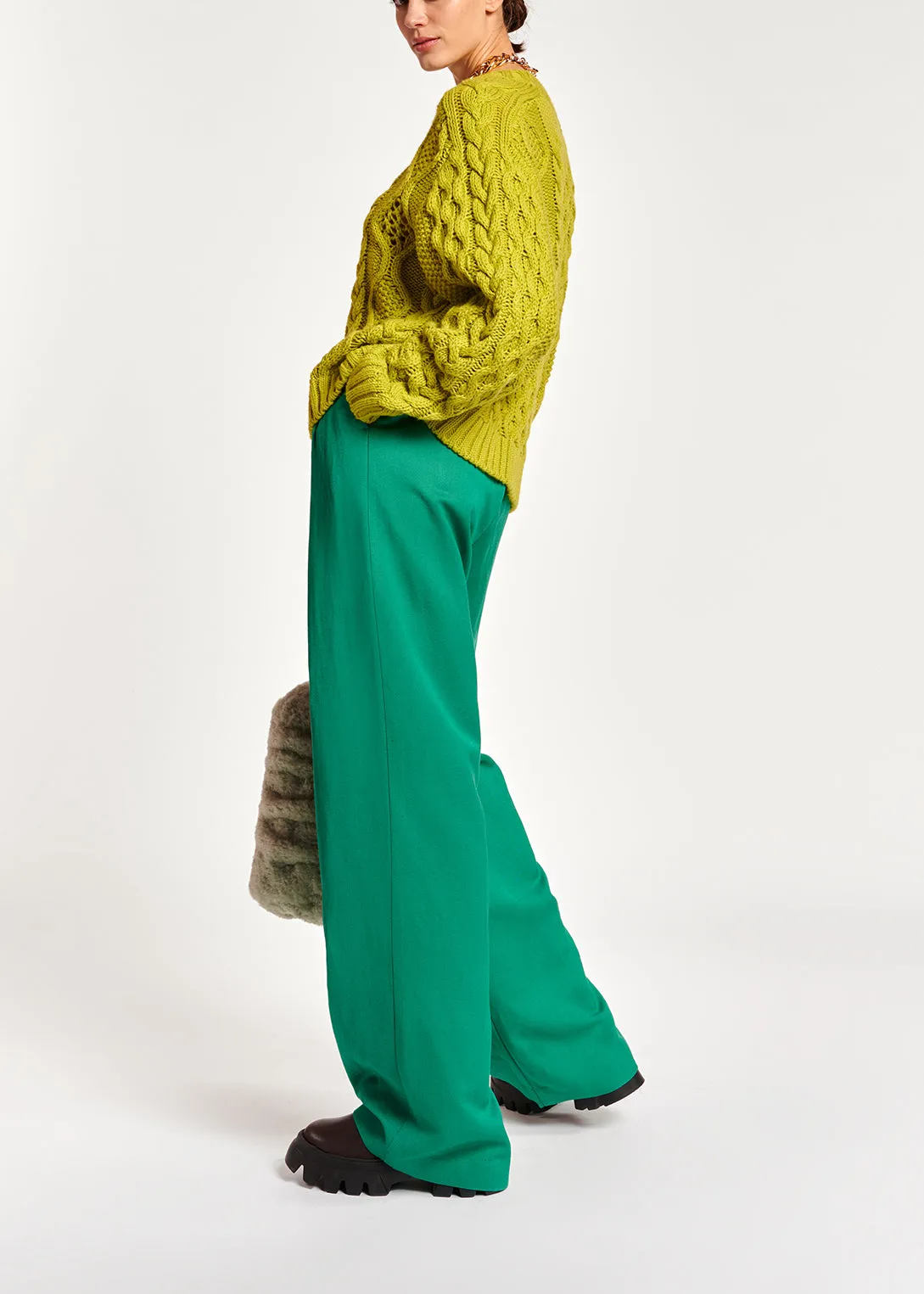 Lime green cable-knit wool-blend sweater