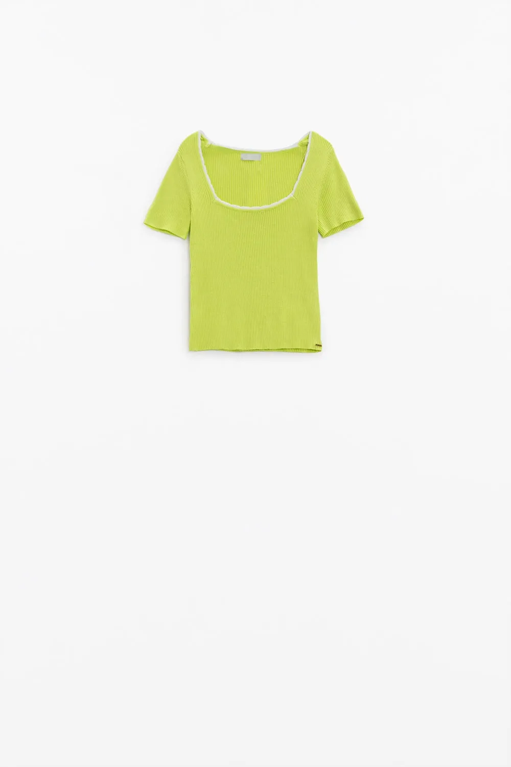 Lime Knitted Short Sleeve Sweater With Square Neck and White Trim