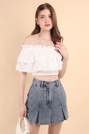 LINDSAY POM POM OFFSIE TOP IN WHITE