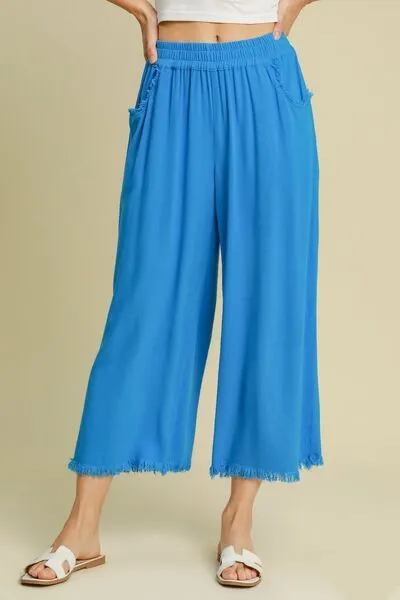 Linen Blend Elastic Waistband Wide Leg Pants