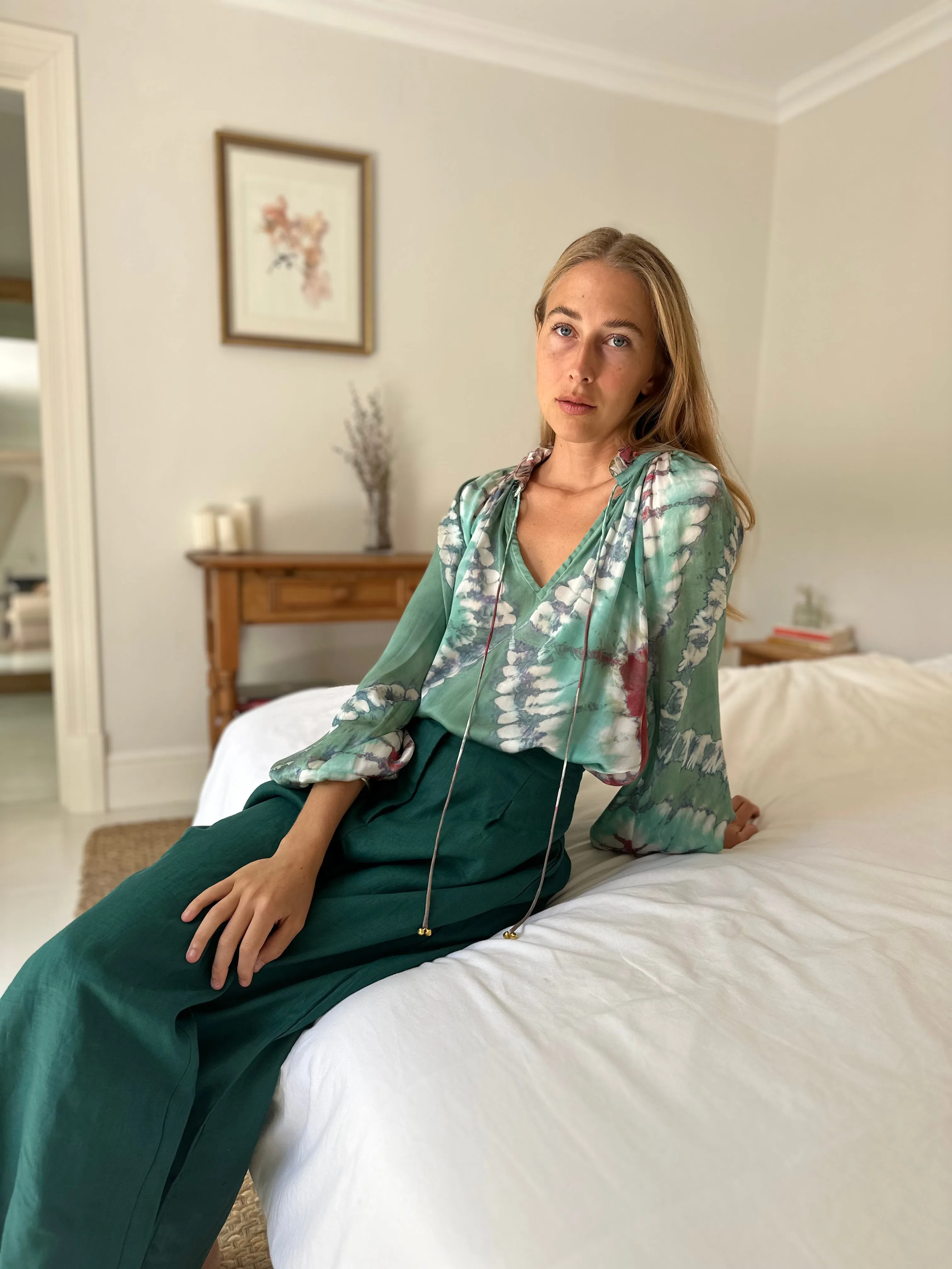 Linen Palazzo Pants in Moss Green