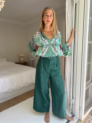 Linen Palazzo Pants in Moss Green