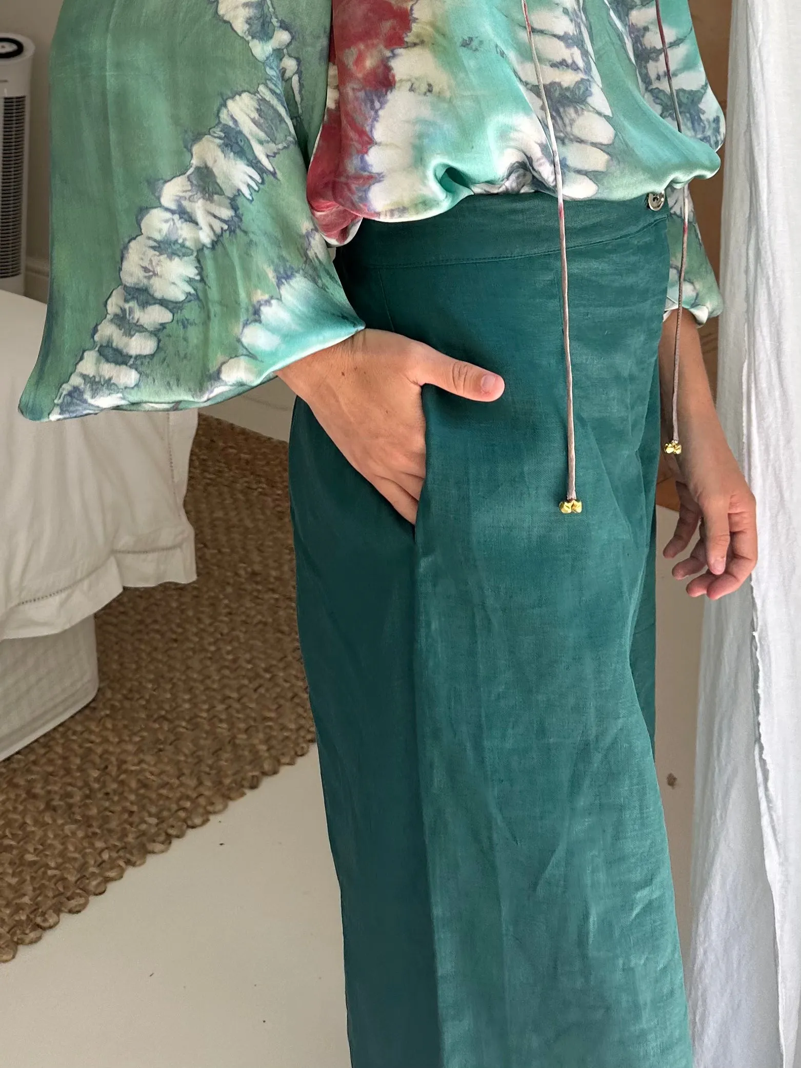 Linen Palazzo Pants in Moss Green