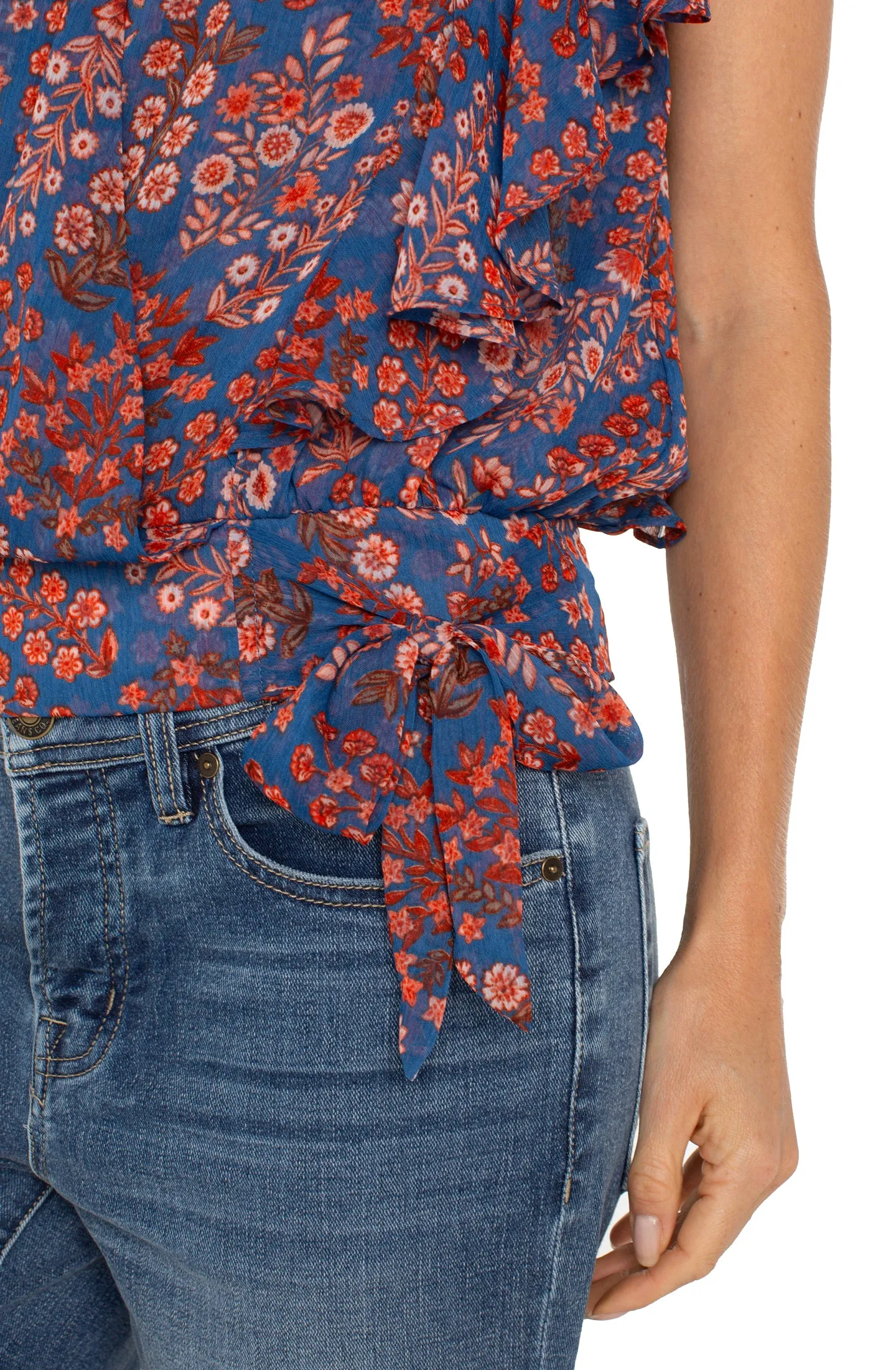 Liverpool Blue Pink Floral Draped Front Tie Top