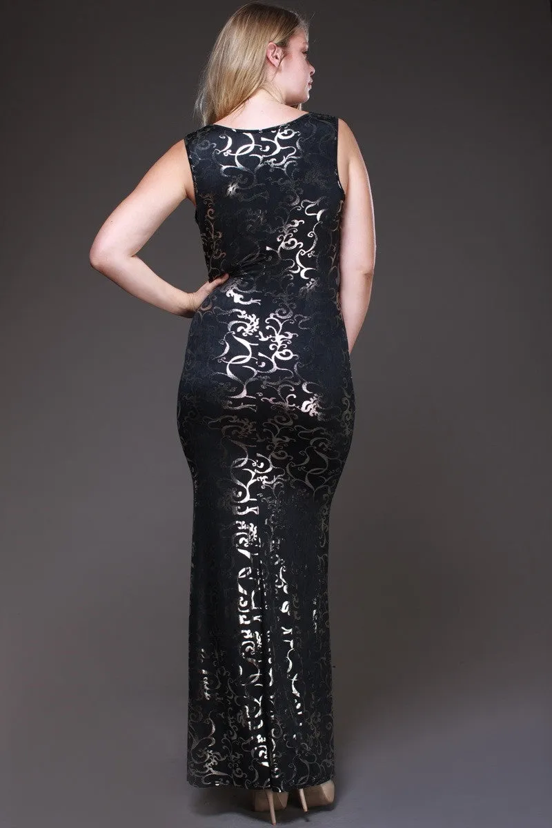 Long Black/Gold Foil Design Plus Size Maxi Dress Front Slit Cowl