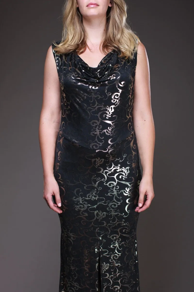 Long Black/Gold Foil Design Plus Size Maxi Dress Front Slit Cowl