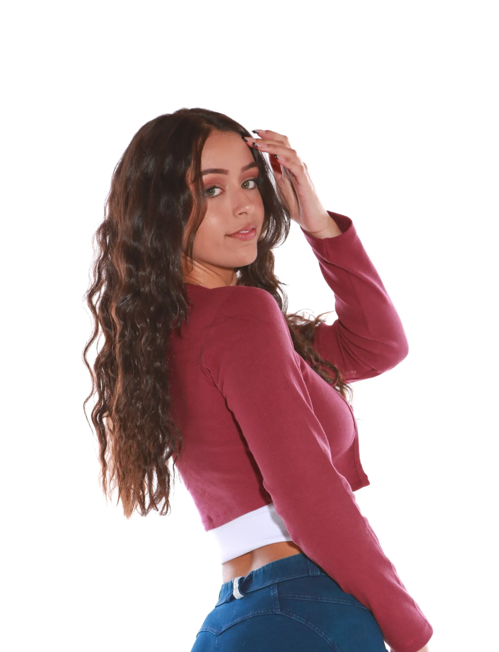 Long sleeve tie front micro crop top- Burgundy