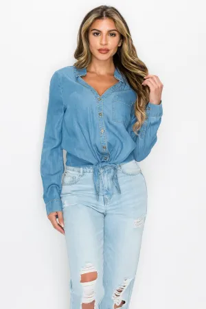 Long Sleeves Waist-tie Denim Top