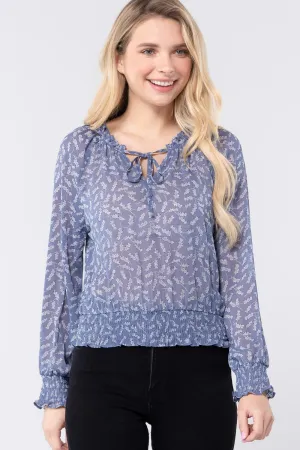 Long Slv Print Woven Top W/tie