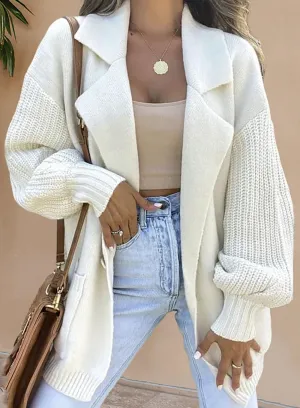 Longline Cardigan by WOLFFMODE with Double Pockets, Open Front, Revere Collar, Lantern Sleeves, and Drop Shoulders