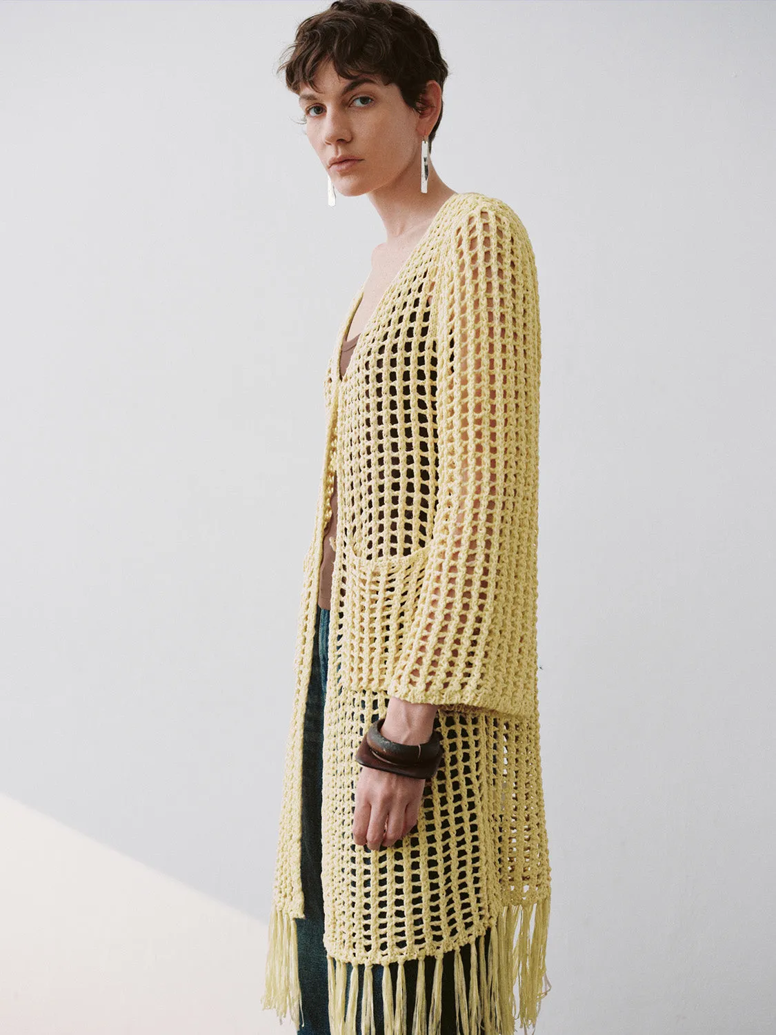 Longline V-Neck Crochet Knitted Cardigan