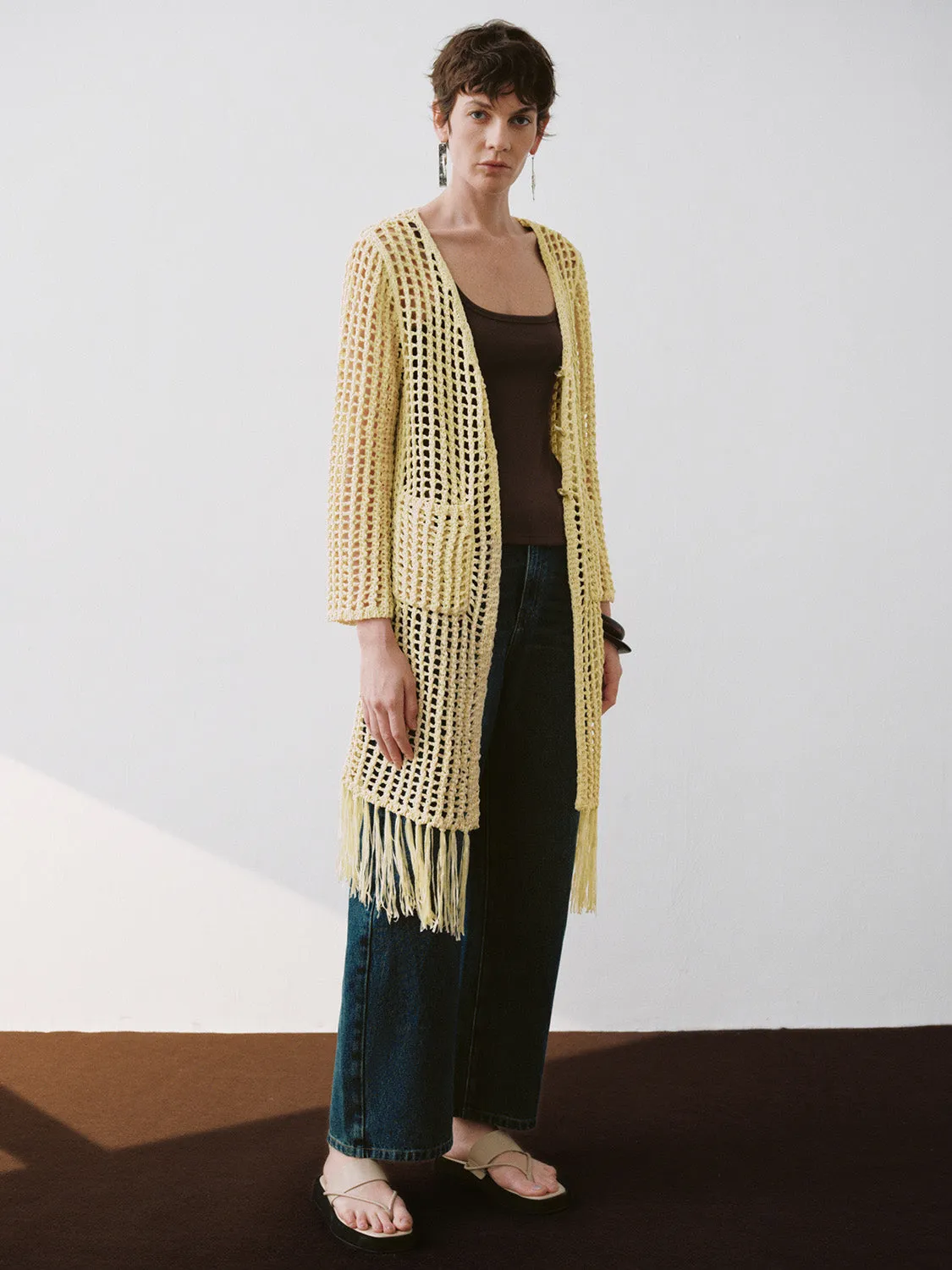 Longline V-Neck Crochet Knitted Cardigan