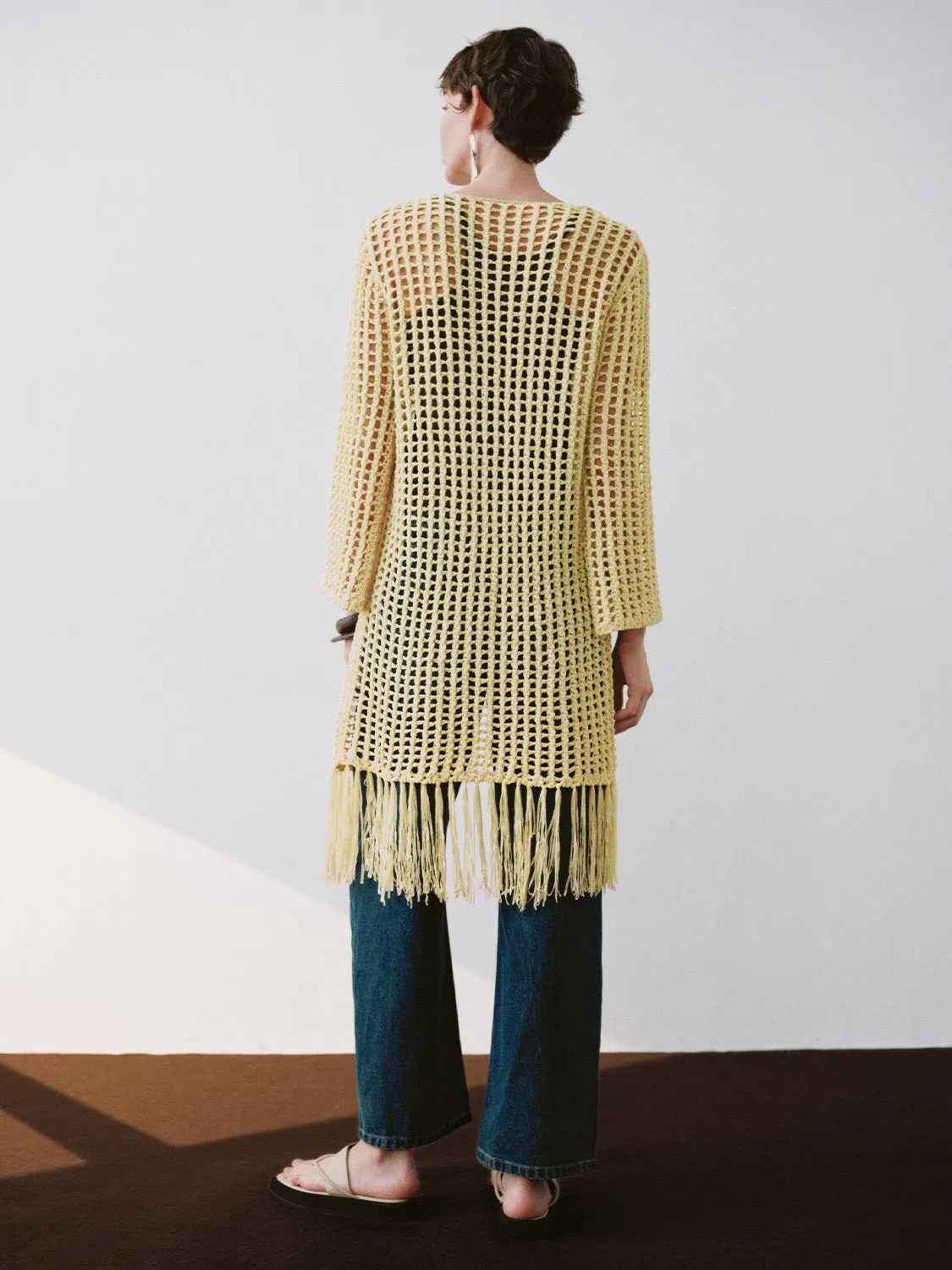 Longline V-Neck Crochet Knitted Cardigan