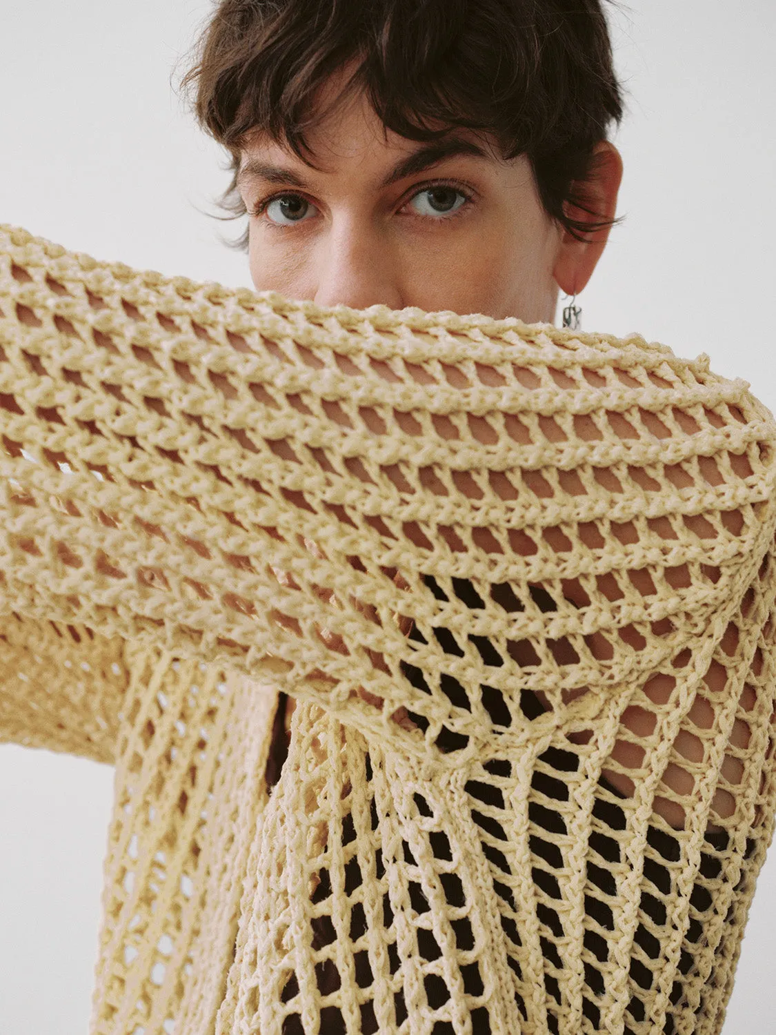 Longline V-Neck Crochet Knitted Cardigan