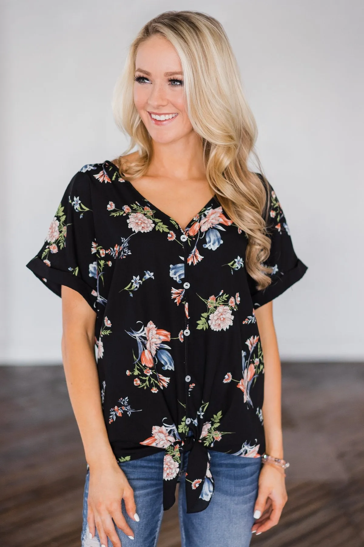 Looking Fine in Floral Tie Top- Black