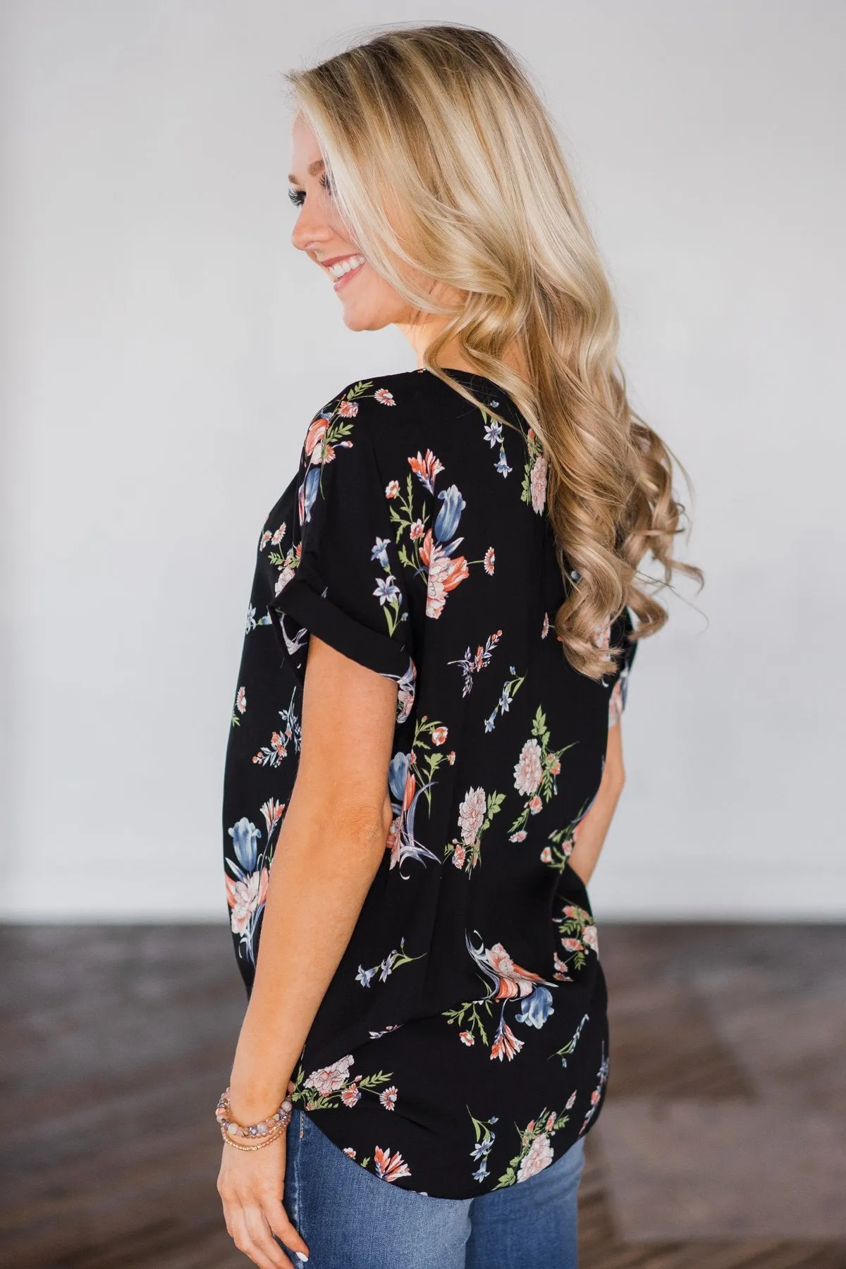 Looking Fine in Floral Tie Top- Black