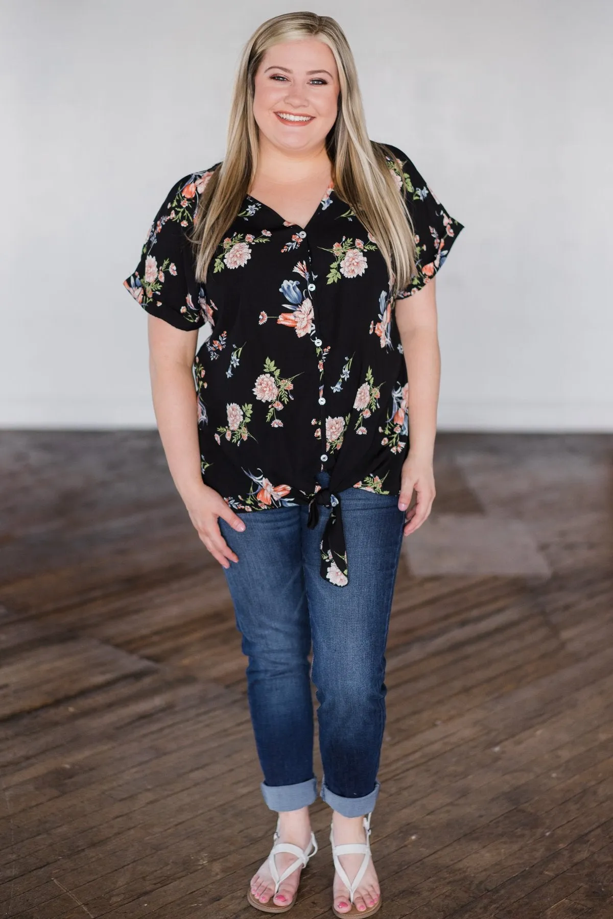 Looking Fine in Floral Tie Top- Black