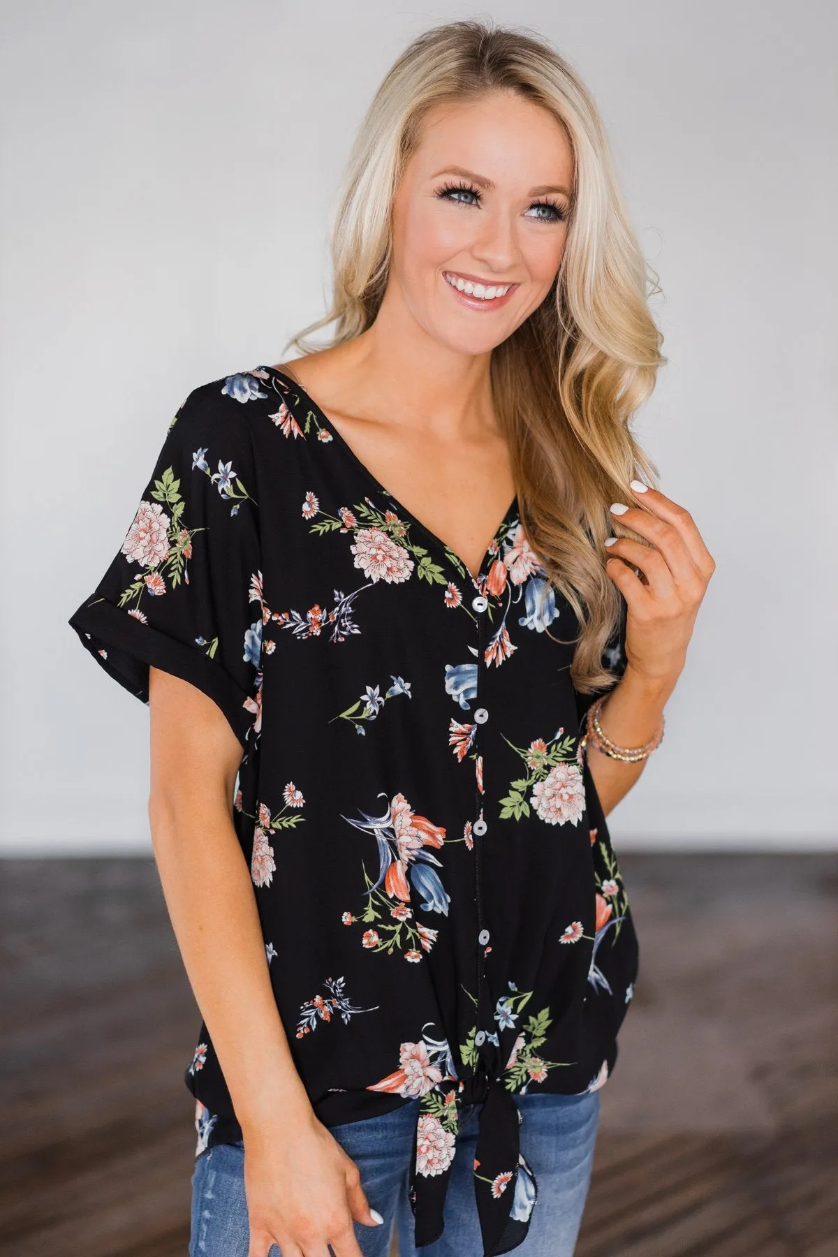 Looking Fine in Floral Tie Top- Black