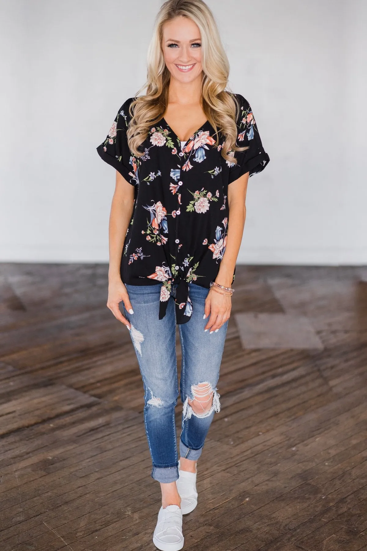 Looking Fine in Floral Tie Top- Black