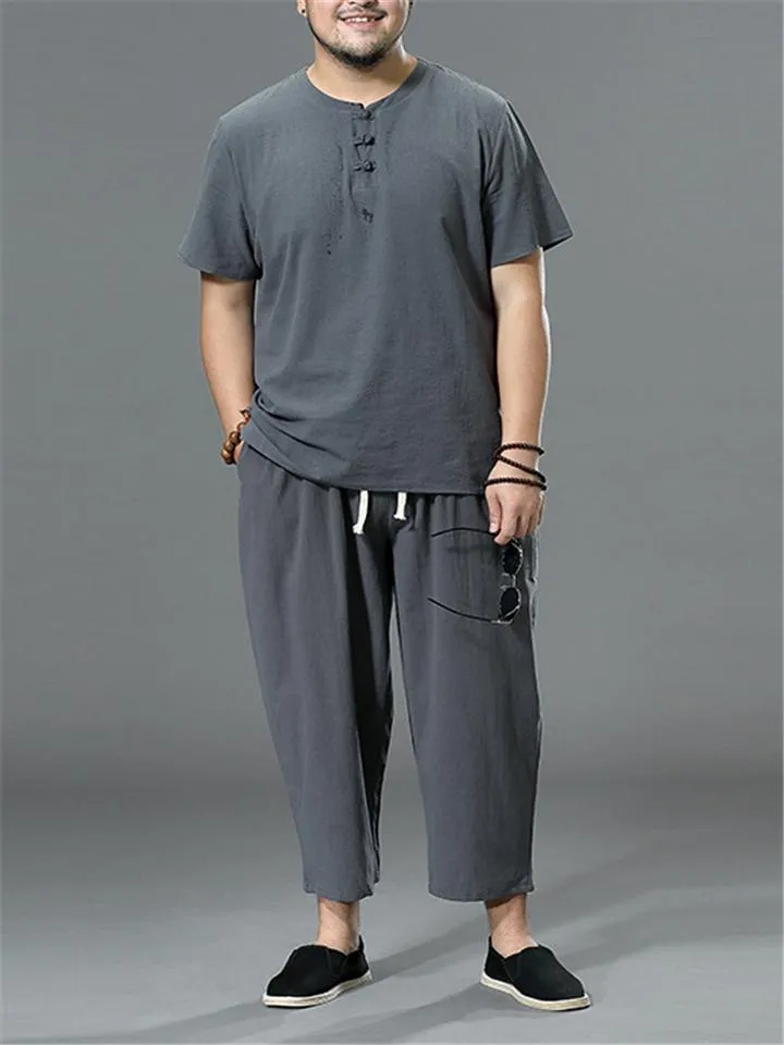 Loose Fit Linen 2-Piece Round Neck Button T-Shirt   Drawstring Cropped Pants