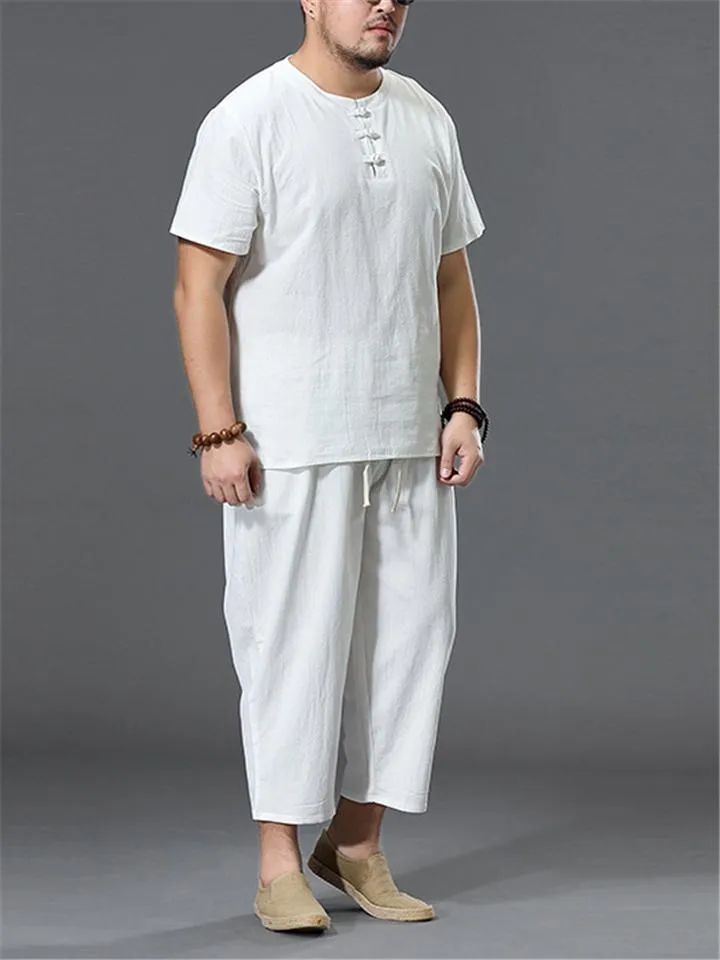 Loose Fit Linen 2-Piece Round Neck Button T-Shirt   Drawstring Cropped Pants