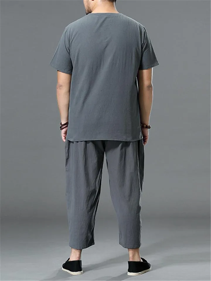 Loose Fit Linen 2-Piece Round Neck Button T-Shirt   Drawstring Cropped Pants