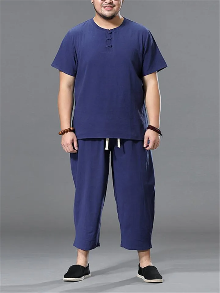 Loose Fit Linen 2-Piece Round Neck Button T-Shirt   Drawstring Cropped Pants