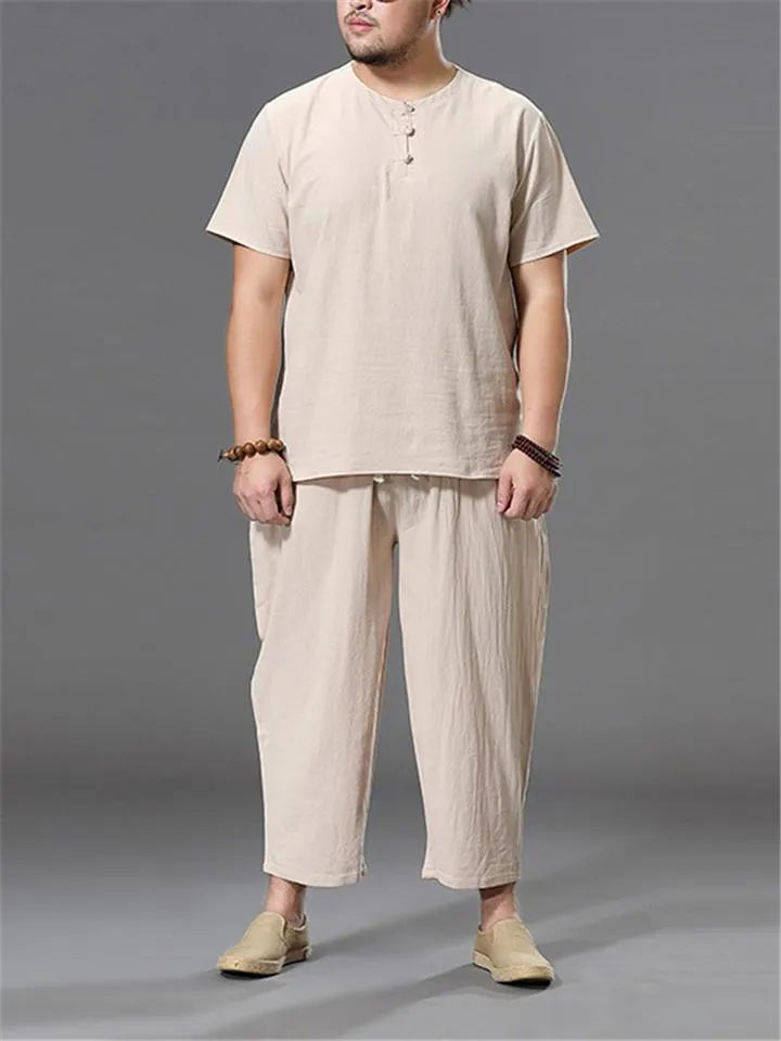 Loose Fit Linen 2-Piece Round Neck Button T-Shirt   Drawstring Cropped Pants
